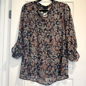 Sheer‎ Fall Paisley Floral Blouse w/ Mother of Pearl Buttons Sz XL Button Sleeve